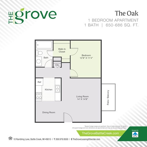 Floor plan for 1 bed, 1 bath, 650 sqft